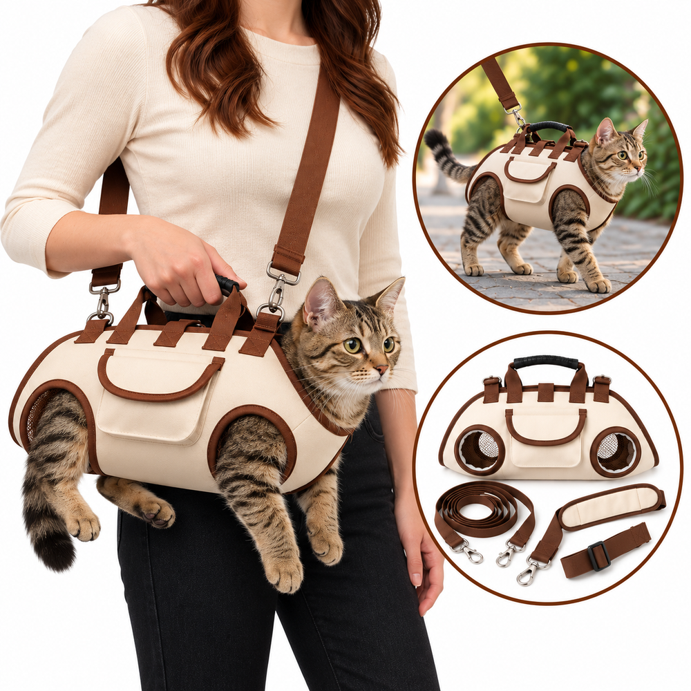 Cream and brown hands-free pet carrier with an adjustable shoulder strap