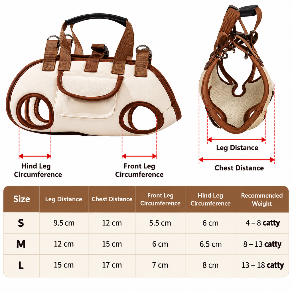 Pet carrier size chart showing chest and leg distances for S M and L