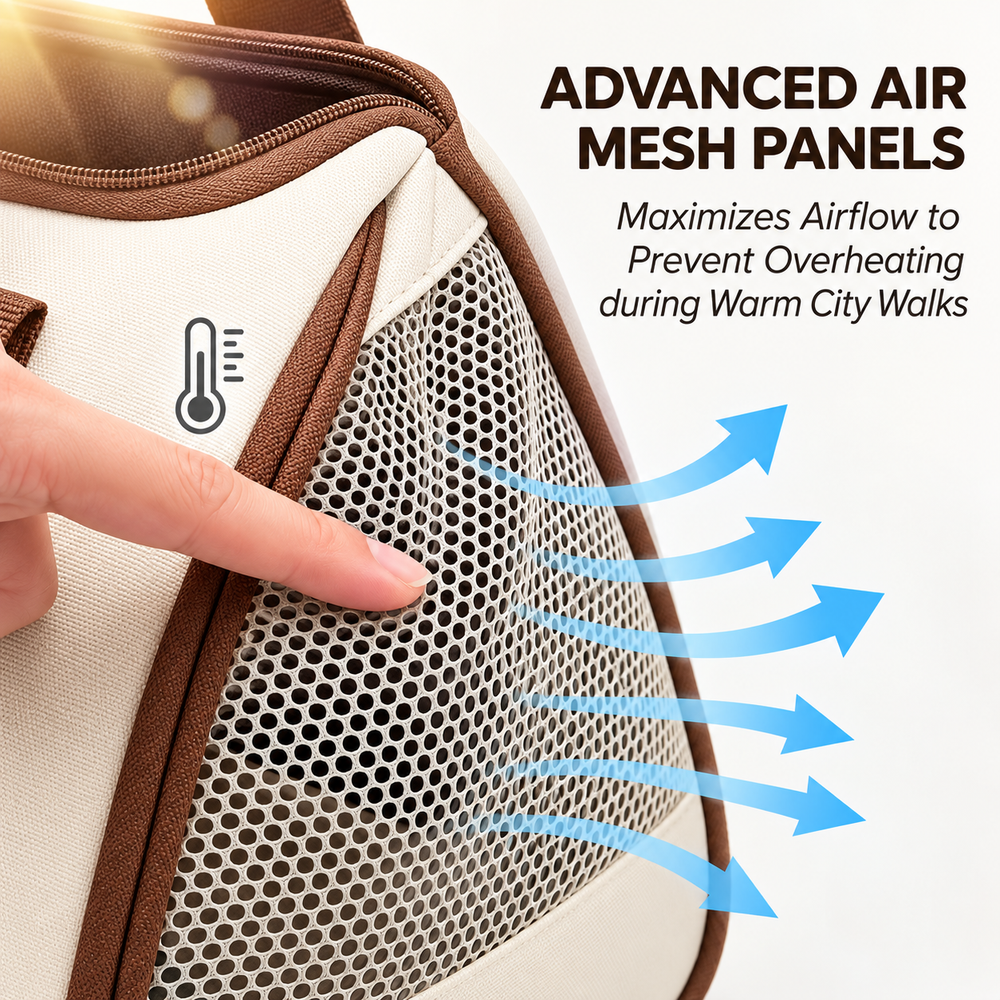 Breathable mesh panels and leg openings on the hands-free pet carrier